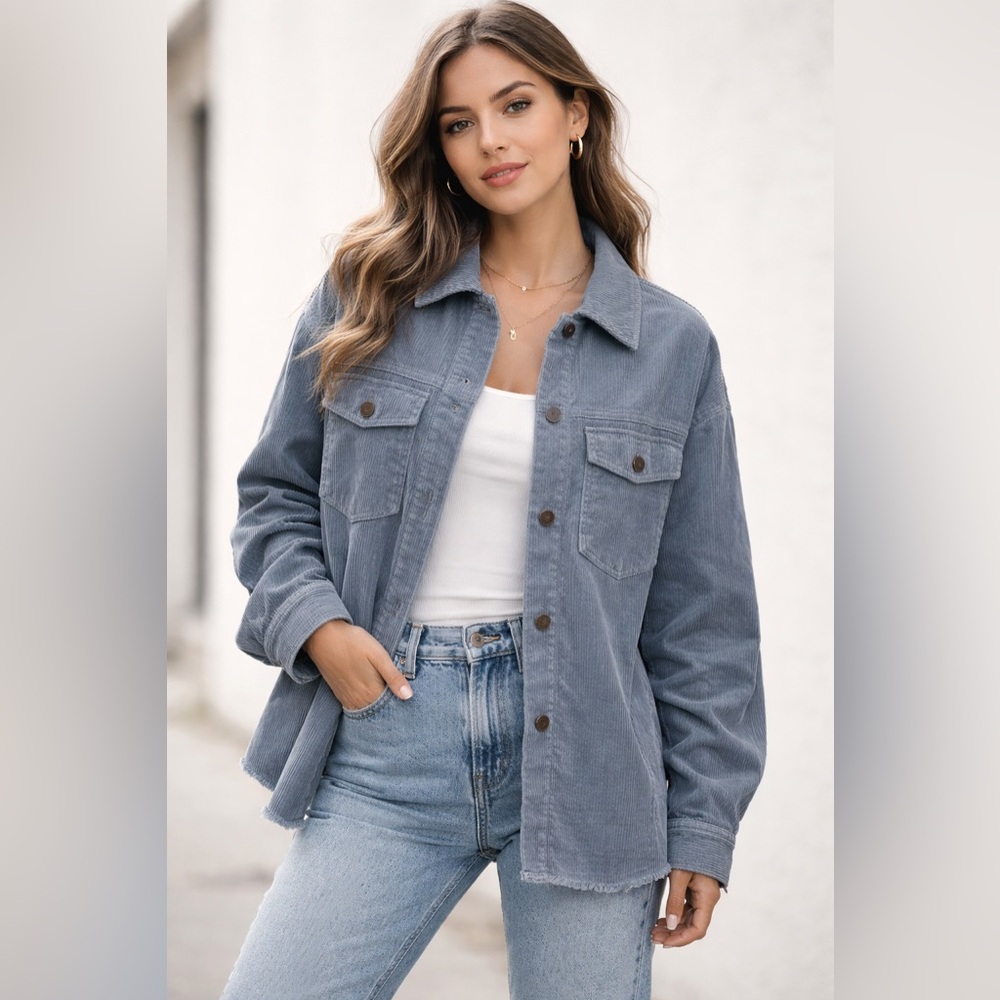 Zara Blue Gray Corduroy Overshirt Jacket Button Front Shacket Size S